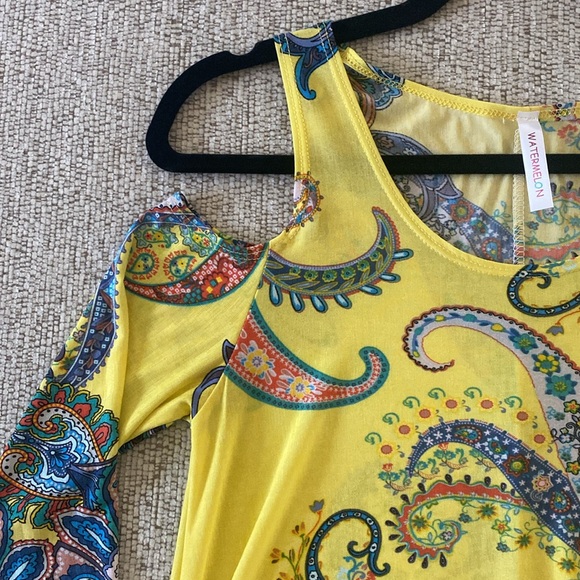 Watermelon cold shoulder, 3/4 sleeves, with pockets, fun print midi dress. - Picture 5 of 6